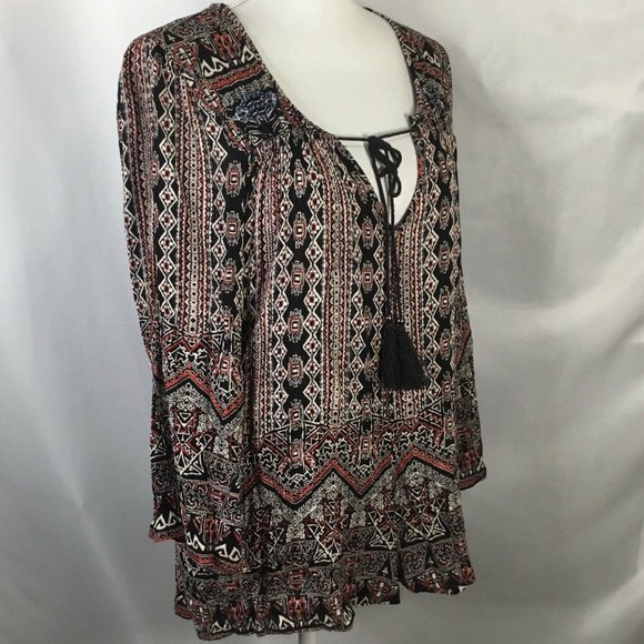 Angie Tops - Angie~Boho~Peasant~Tassel String Tie~Aztec Print~